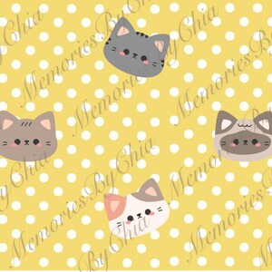 May include: A repeating pattern of cartoon cat faces in various colors, including gray, pink, and white, on a yellow background with white polka dots. The text "Memories By Chia" is overlaid on the image.