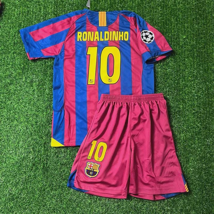 Maillot FC Barcelone Ronaldinho XL Bleu/rouge Réimprimé - Dédicace Fac-similé - Authentifié JSA - Neuf