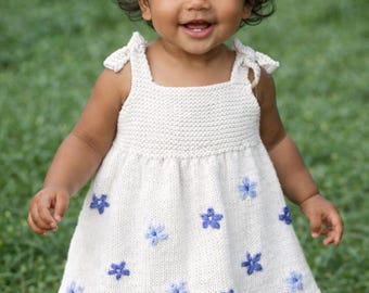 Blumen gesticktes Strickmuster Baby Kleid | 12-18 M bis 5Y (PDF-Schnittmuster)