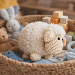 Puede incluir: Una cesta de mimbre llena de juguetes de peluche, incluyendo una oveja crema, un oso de peluche marrón y un conejito azul claro. Bloques de madera y un anillo azul completan la escena de la guardería.