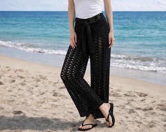 Gehäkelte Hose mit weitem Bein Muster - Hose mit hoher Taille und Spitze (PDF Digital Download)