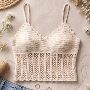 May include: Cream-colored crochet top with a scalloped neckline and delicate straps. The top features a textured bodice and a lattice-like design on the lower section. A pair of blue jeans, gold rings, and flowers are arranged around the top.