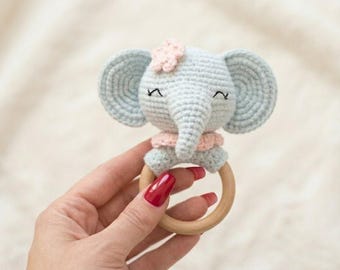 Elefant Beißring Muster PDF, Amigurumi Baby Rassel Muster, Holzring Beißring Spielzeug, einfach Baby Geschenk, 14 cm digitaler Download