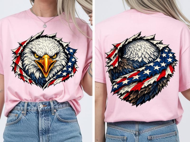 May include: Pale pink t-shirt with a graphic of a bald eagle's head, featuring a yellow beak and intense eyes, set within a design incorporating the American flag. The eagle design is also on the back of the shirt.