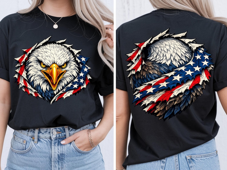 May include: Black t-shirt with a detailed graphic of an American bald eagle. The eagle's head is white with a yellow beak, surrounded by red, white, and blue elements. The design is on the front and back, representing the American flag.