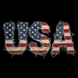 May include: The word "USA" is displayed in a distressed, patriotic design. Each letter is crafted from denim fabric, featuring the American flag's stars and stripes. The letters have a frayed edge, set against a black background.