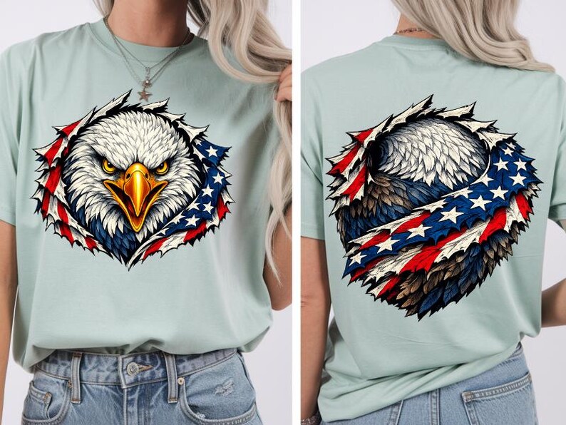 May include: A pale green t-shirt with a graphic of an American bald eagle. The eagle's head and chest are visible, surrounded by a design incorporating the American flag's stars and stripes. The back of the shirt also features the eagle design.