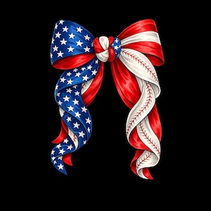 Op de afbeelding: Een patriottisch strikdesign met de Amerikaanse vlag en honkbal-elementen. De linkerkant toont het blauwe veld met witte sterren, de rechterkant rode en witte strepen en honkbalsteken. De achtergrond is zwart.