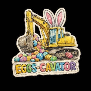 Toddler Easter Bunny Excavator PNG – Kids Easter Patchwork Design, Boy Easter Rabbit, Happy Easter Day PNG, Eggs-Cavator Easter Eggs PNG