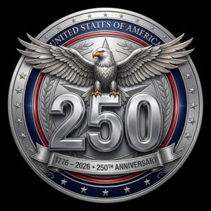 Op de afbeelding: Een zilveren herdenkingsmunt met een gedetailleerde adelaar met uitgespreide vleugels, de tekst "UNITED STATES OF AMERICA" en het getal "250". De munt herdenkt de 250e verjaardag, met de data 1776-2026.