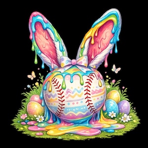 Puede incluir: Ilustración colorida de una pelota de béisbol transformada en un conejito de Pascua. La pelota tiene orejas de conejo y un lazo, con pintura colorida goteando. También hay huevos de Pascua y mariposas, sobre un fondo negro.