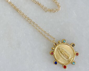 Gold Virgin Mary Necklace, Virgin Mary Jewelry, Religious Jewelry, Religious Necklace, Mother of God, Lady of Guadaloupe, Mary Pendant