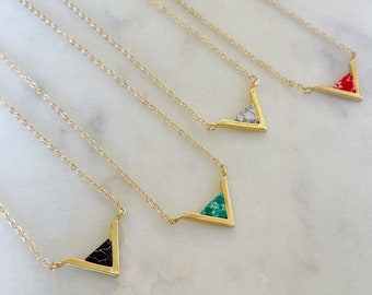 Gold Triangle Necklace, Triangle Jewelry Geometric Necklace V Shaped Necklace, Red White Black Green Minimalist Jewelry Dainty Necklace