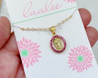 Hot Pink Mary Necklace, Religious Necklace, Virgin Mary Jewelry, Cubic Zirconia, 14k Gold Filled, Religious Gifts, Catholic Jewelry