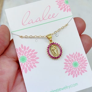 Hot Pink Mary Necklace, Religious Necklace, Virgin Mary Jewelry, Cubic Zirconia, 14k Gold Filled, Religious Gifts, Catholic Jewelry