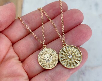 Sun Necklace Gold, Gold Sun Charm, Gold Sun Jewelry, Gold Sun Pendant Necklace, Sunburst, Layering Necklace, Minimalist Necklace, Dainty