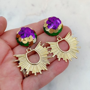Mardi Gras Earrings, Mardi Gras Jewelry, Mardi Gras Accessories, Mardi Gras Krewe Jewelry, Gold Statement Earrings, Sunburst, Post Stud