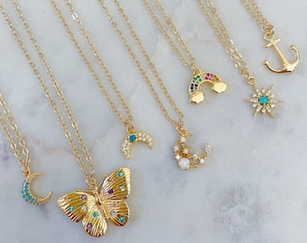 Gold Layering Necklace, Celestial Jewelry, Minimalist Jewelry, Gold Dainty Jewelry, Layered Necklace, Butterfly Necklace, Rainbow Necklace