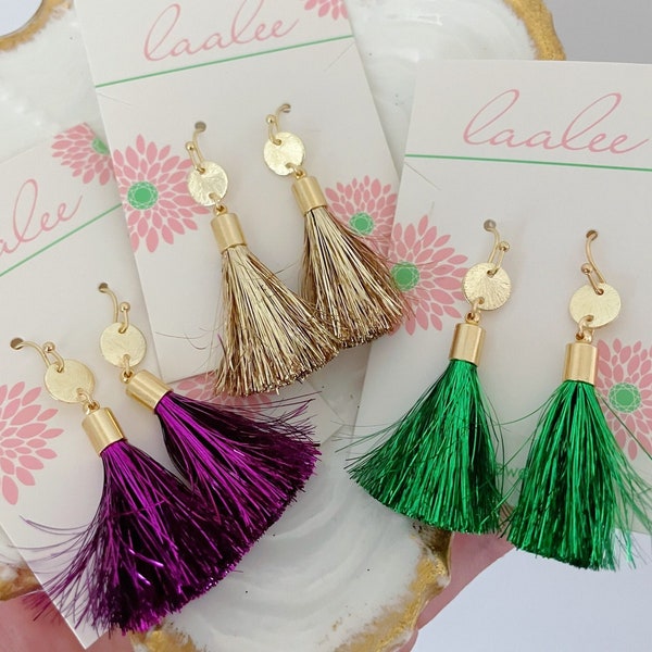 Mardi Gras Earrings, Mardi Gras Jewelry, Fringe Tassel, Tinsel Tassel Earrings, Statement Earrings, Mardi Gras Accessories, Fringe Earrings