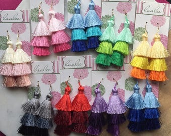 Tiered Tassel Earrings, Ombre Tassel Long Earrings, Gold Tassel Jewelry, Colorful Tassel Earrings, Fringe Earrings, Long Tassel Earrings