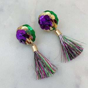 Mardi Gras Earrings, Mardi Gras Jewelry, Mardi Gras Accessories, Tinsel Tassel Earrings, Tassel Jewelry, Sequin Mardi Gras Tassel Earrings