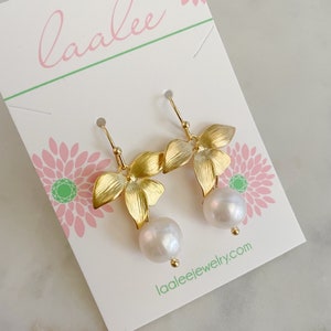 Gold Bridal Earrings, Gold Wedding Earrings, Flower Earrings, Orchid Earrings, Pearl Earrings, Bridesmaid Jewelry, Gold Bridal Jewelry