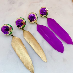 Mardi Gras Earrings, Mardi Gras Jewelry, Mardi Gras Accessories, Mardi Gras Krewe Jewelry, Festival Earrings, Feather Jewelry, Gold Sequins