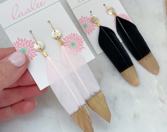 Statement Earrings Boho, Gold Jewelry, Feather Earrings Long, Gold Dipped Feather Earrings, Festival Earrings, Christmas Gift for Her