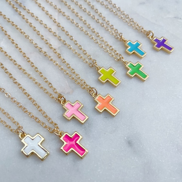 14k Gold Filled Cross Necklace, Colorful Cross Jewelry, Child Necklace Religious Gift, Baptism Gift Valentine Gift for Child, Cross Pendant