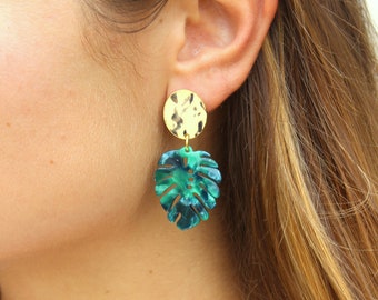 Monstera Leaf Earrings, Monstera Jewelry, Monstera Leaf, Resin Earrings, Gold Acrylic Earrings Statement Earrings Leaf Jewelry Stud Earrings