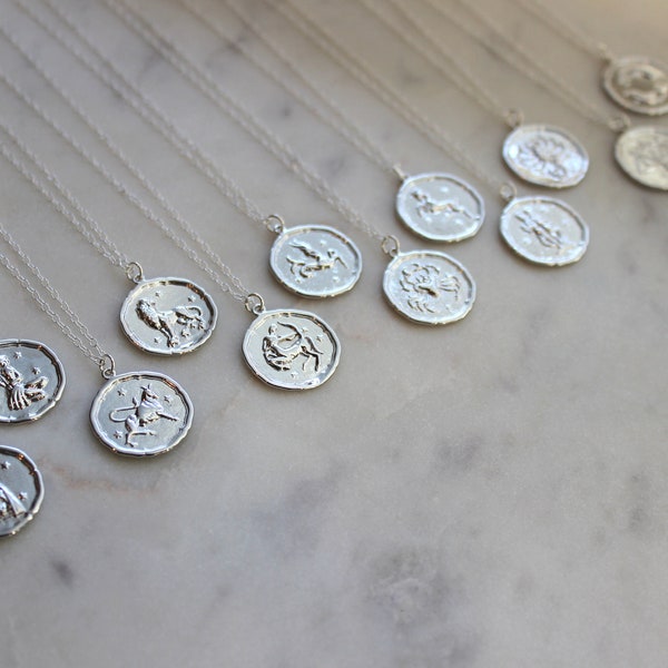 Silver Zodiac Necklace, Zodiac Coin Necklace, Zodiac Disc Necklace, Zodiac Jewelry, Celestial Jewelry, Zodiac Sign Necklace, Christmas Gift