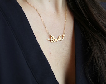 Gold Love Necklace, Love Script Necklace, Valentines Day Necklace, Valentines Day Jewelry, 14k Gold Filled Chain, Trendy Necklace