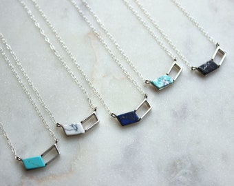 Silver Chevron Necklace, Silver Chevron Jewelry, Geometric Necklace, Geometric Jewelry, Gemstone Necklace, Turquoise Lapis Howlite Necklace
