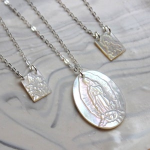 Virgin Mary Necklace, Mother of Pearl Necklace, Scapular Necklace, Religious Necklace, Blessed Mother Mary, Catholic Gift Christian Necklace