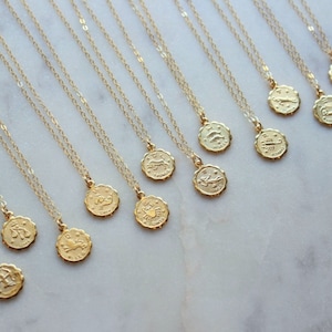 14k Gold Filled Chain, Personalized Jewelry Gift, Celestial Jewelry, Gold Zodiac Necklace, Coin Necklace, Christmas Gift, Zodiac Jewelry