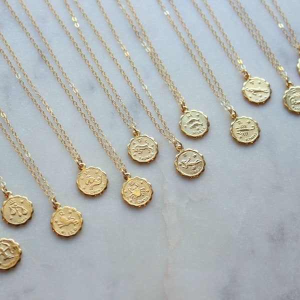 14k Gold Filled Chain, Personalized Jewelry Gift, Celestial Jewelry, Gold Zodiac Necklace, Coin Necklace, Christmas Gift, Zodiac Jewelry