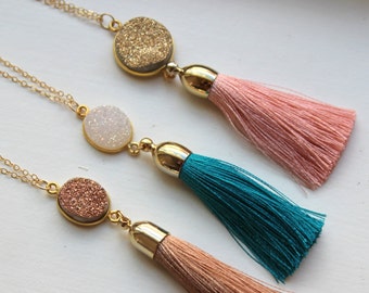 Gold Tassel Necklace Drusy Jewelry Drusy Necklace Fringe Tassel Druzy Necklace - Tassel Layering Statement Necklace Jewelry Christmas Gift