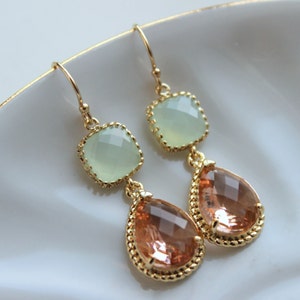 Erröten Champagner Ohrringe weich Mint Grün Gold Ohrringe - Pfirsich rosa Brautjungfer Hochzeit Ohrringe-Hochzeit Brautjungfer Schmuck