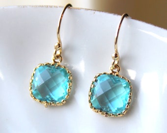 Dainty Aquamarine Topaz Blue Earrings Gold Plated - Aqua Bridesmaid Earrings - Wedding Earrings Aquamarine Wedding Jewelry - Bridal Earrings