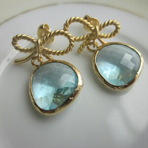 Aquamarine Blue Earrings Gold Bow Earrings Ribbon Stud Bridesmaid Earrings Wedding Earrings Valentines Day Gift image 2
