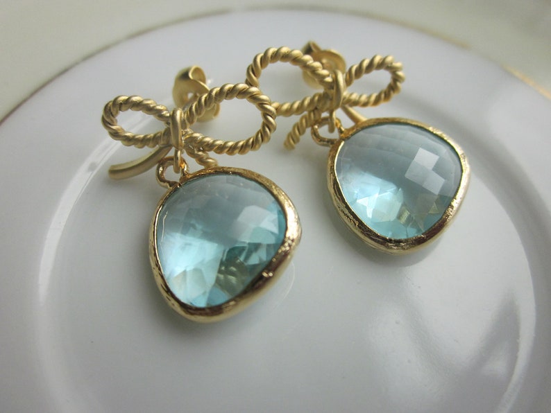 Aquamarine Blue Earrings Gold Bow Earrings Ribbon Stud Bridesmaid Earrings Wedding Earrings Valentines Day Gift image 2