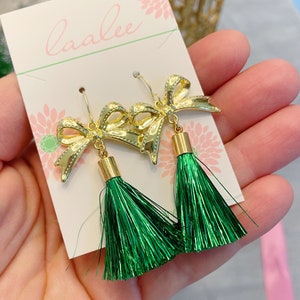 Bow Tassel Earrings, Green and Gold, Tinsel Tassel Earrings, Mardi Gras Jewelry, St. Patrick&#39;s Day, Gift For Her, Teacher Gift, Statement
