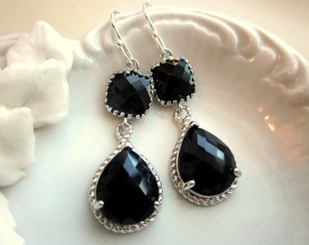 Black Earrings Onyx Silver Two Tier Earrings Teardrop Glass - Bridesmaid Earrings Wedding Earrings Bridal Earrings