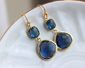 Oro grandes pendientes de zafiro joyería azul marino - dos pendientes estratificadas novia joyería - azul marino joyería de boda regalo de Navidad