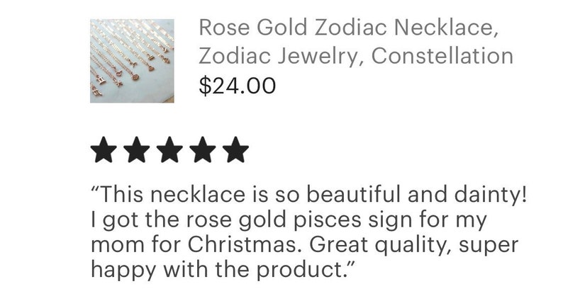 May include: A close-up of a rose gold zodiac necklace with a constellation design. The necklace is displayed on a white surface. "This necklace is so beautiful and dainty! I got the rose gold pisces sign for my mom for Christmas. Great quality, super happy with the product."