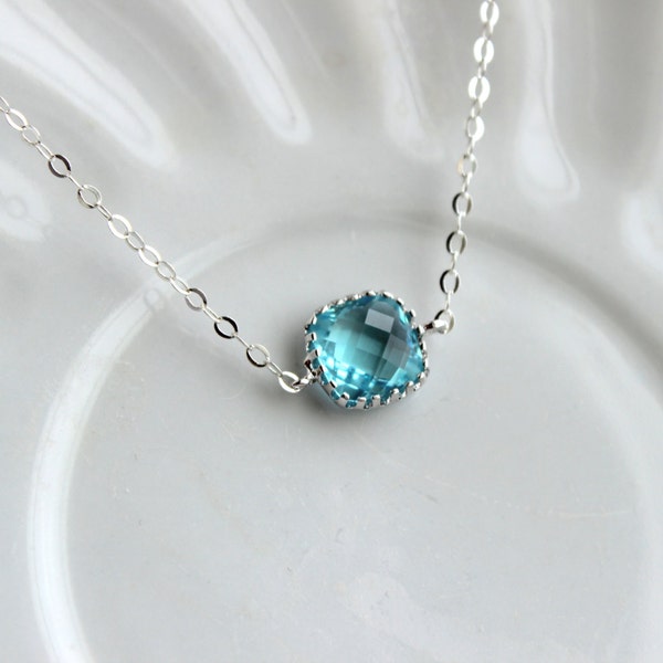 Dainty Aquamarine Blue Necklace Sterling Silver Chain - Charm Necklace Aqua Bridesmaid Necklace - Aquamarine Wedding Jewelry - Gift under 25