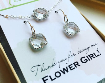 Silver Clear Crystal Necklace and Earring Set Crystal Jewelry Set - Personalized Card - Flower Girl Jewelry Set Flower Girl Proposal