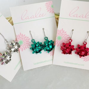 Christmas Bow Earrings, Ribbon Earrings, Red Green and Silver, Dainty Jewelry, Christmas Jewelry, Teacher Gift, Holiday Gift Under 20