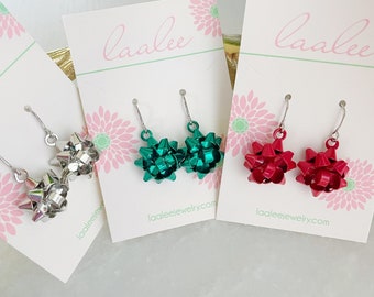 Christmas Bow Earrings, Ribbon Earrings, Red Green and Silver, Dainty Jewelry, Christmas Jewelry, Teacher Gift, Holiday Gift Under 20