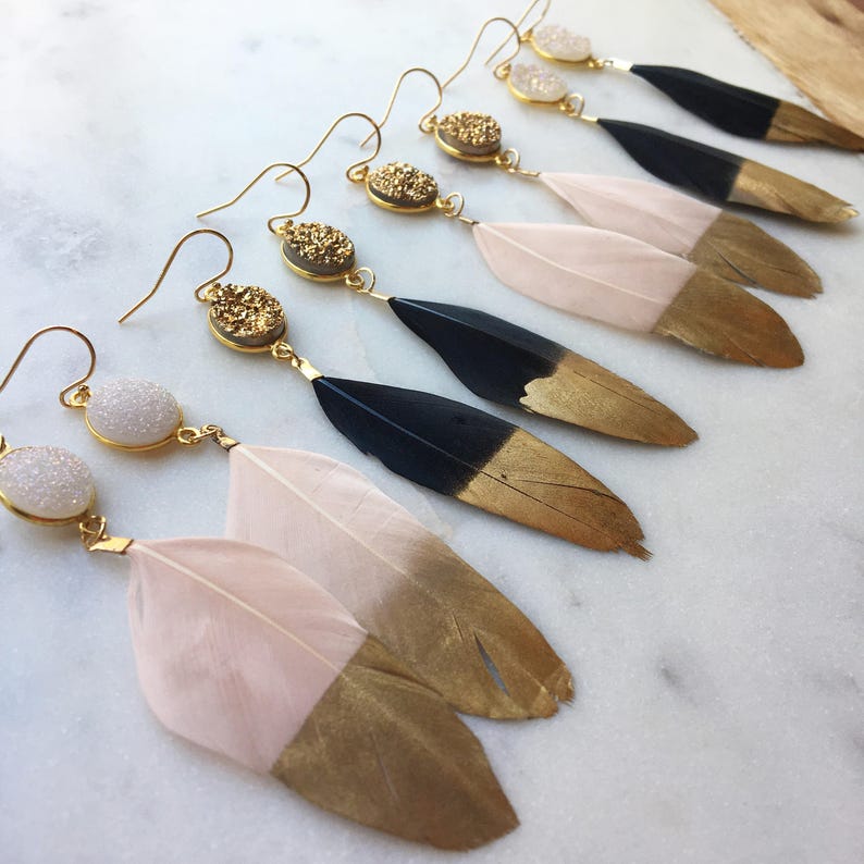 Statement Earrings Boho, Gold Jewelry, Feather Earrings Long, Gold Dipped Feather Earrings, Gold Druzy Earrings, Druzy Feather Earrings 